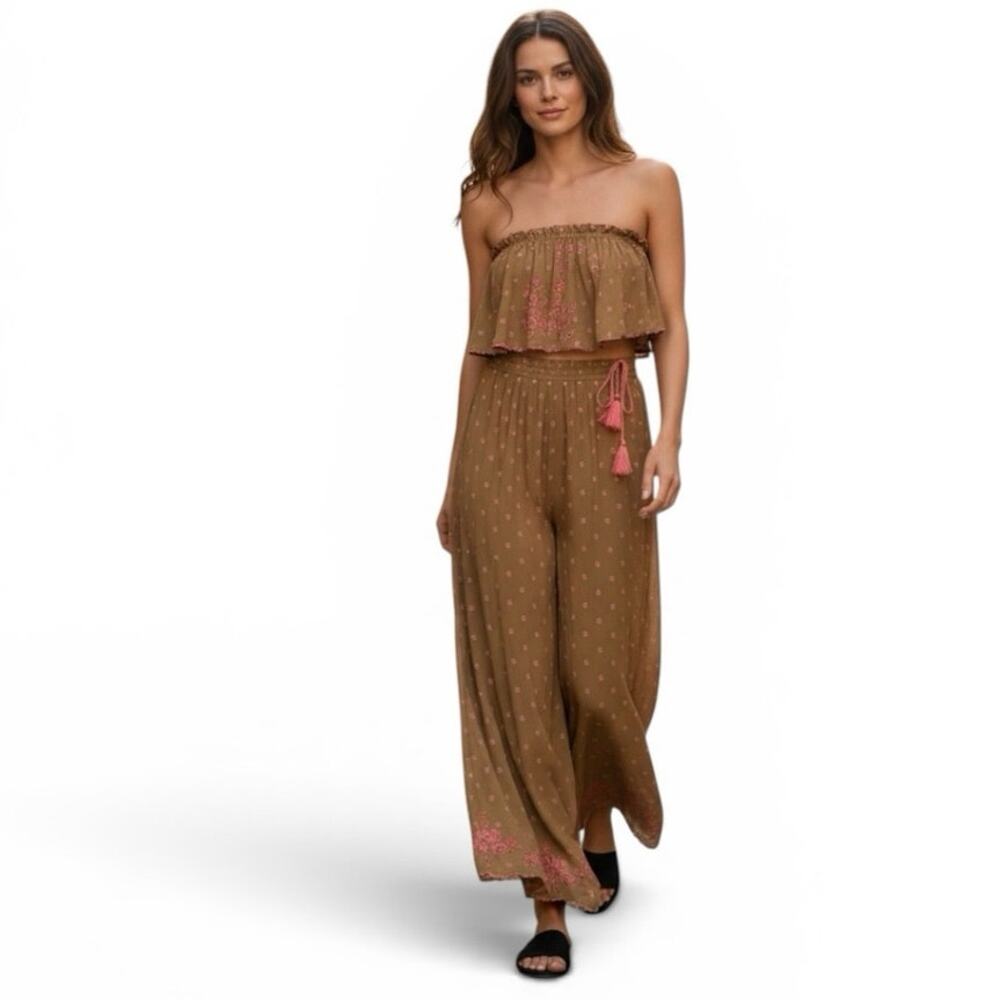 Free People Hearts Rising Pants Women’s Size Large Moss Green Embr Boho Wide Leg